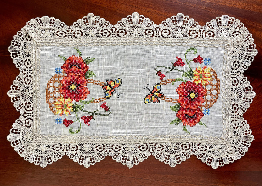 Floris Linens Catalina Lace Natural Colored Placemat with Butterfly and Flower Basket Cross Stitch Embroidery
