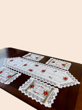 Load image into Gallery viewer, Floris Linens Molly Embroidered Rose Table Runner with Intricate Lace Pattern
