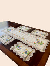 Load image into Gallery viewer, Floris Linens Peacock Embroidered Table Runner with Lace, Natural Linen Color
