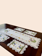 Load image into Gallery viewer, Floris Linens Peacock Embroidered Table Runner with Lace, White Color
