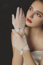 Load image into Gallery viewer, Delicate, Beautiful White Sheer Gloves with Shiny Pearl Attachment, White Formal Gloves, Wedding Bridal Gloves, Cocktail Party, Classy Glove
