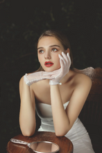 Load image into Gallery viewer, Delicate, Beautiful White Sheer Gloves with Shiny Pearl Attachment, White Formal Gloves, Wedding Bridal Gloves, Cocktail Party, Classy Glove
