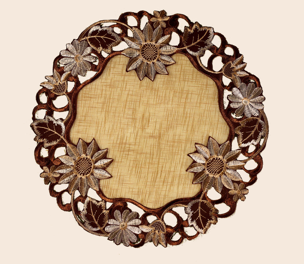 Floris Linens Set of 4 Riva Brown Leaves Embroidered Doilies on Cutwork Fabric