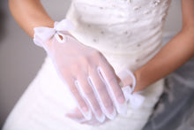 Load image into Gallery viewer, White or Ivory Sheer Nylon Gloves | White Formal Gloves | Delicate Tulle Wedding Bridal Gloves, with Bow
