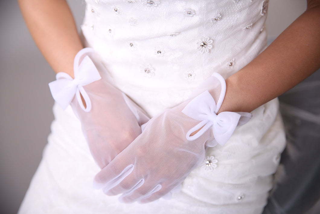 White or Ivory Sheer Nylon Gloves | White Formal Gloves | Delicate Tulle Wedding Bridal Gloves, with Bow