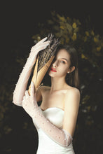 Load image into Gallery viewer, Long Tulle Wedding Gloves with High Quality Pearls, Nylon Wedding Gloves White, Sheer Lace Gloves for Formal Event, Party, Cosplay
